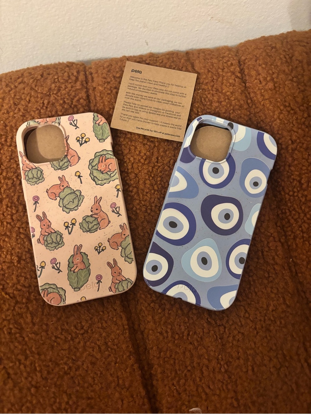 Eco Pela Phone Case Duo - Pink Seashell Snack Bunny & Powder Blue Evil Eye